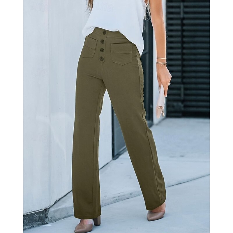 Women's Wide Leg Slacks Straight Streetwear Casual Full Length Natural Plain Pocket Elastic Waist Buckle Comfortable Outdoor Street Going out Apple Green Dark-Gray Orange red Forest Green Fall