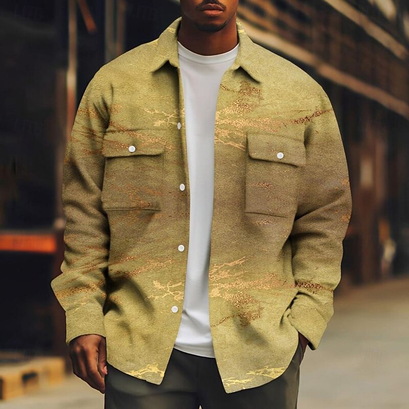 Men's Marble Abstract Liquid Art Corduroy Shirt Shacket Shirt Jacket Long Sleeve Casual Outdoor Dailywear Fall Winter Turndown Button-Down Warm Jacket with Flap Pockets White Yellow Blue Dark Blue4