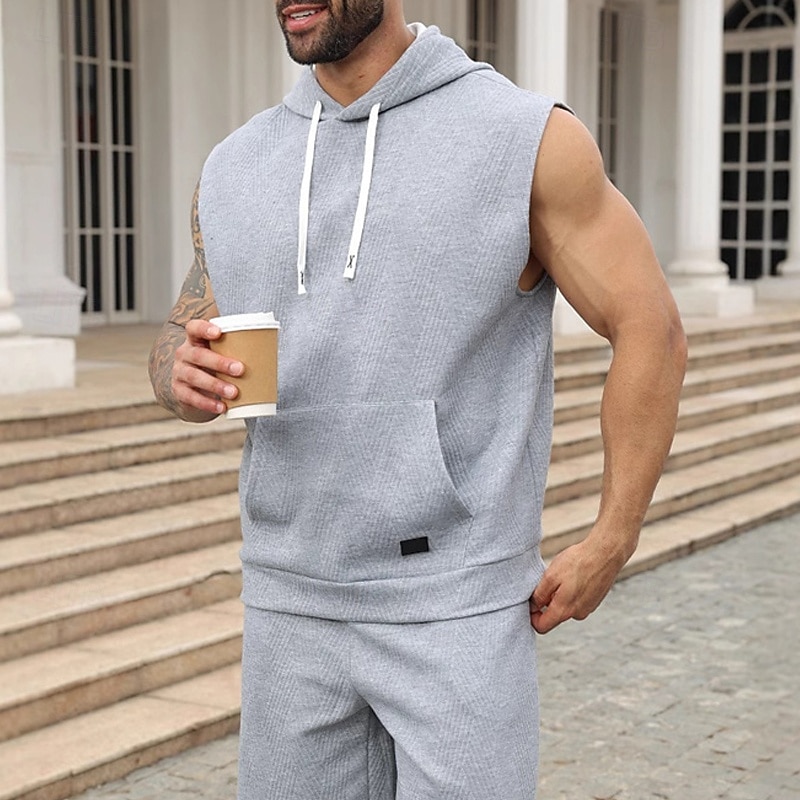 Men's Tank Top Vest Top Undershirt Sleeveless Shirt Sleeveless Hooded Summer Plain Fashion Designer Basic Jacquard Front Pocket Vacation Street Going out Black White Khaki Top Tee for Men