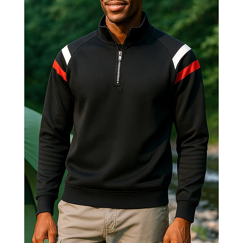 Men's Quarter Zip Sweatshirt Long Sleeve Stand Collar Top Outdoor Soft Cotton Stripes Black Tennis Workout Running3