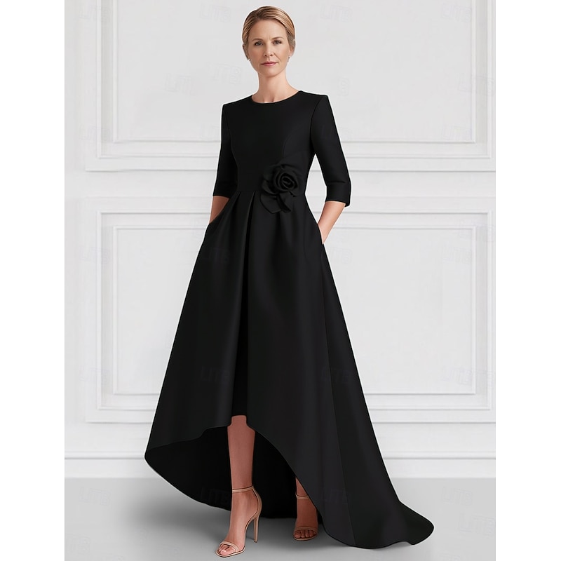 A-Line Evening Gown Elegant Dress Formal Wedding Asymmetrical Half Sleeve Crew NeckMother Of the Bride Dress Stretch Satin with Pocket2