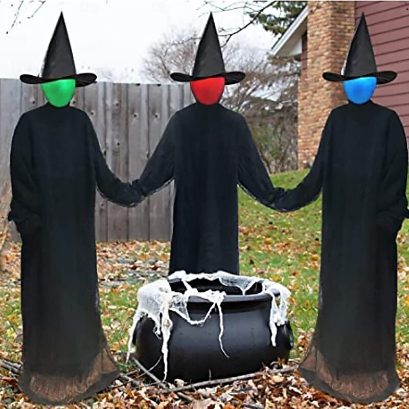 Set of 3 Witches Holding Hands Light Up Face Decoration, Scary Halloween Decorations Outdoor, Voice Control Screaming Witches Decor for Home Outside Yard Lawn Garden Party - Main Image