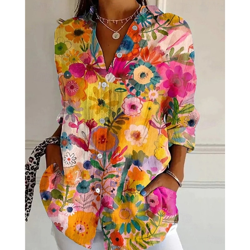 Women's Shirt Flower Daily Stylish Basic Half Sleeve V Neck Regular Tops Daily Holiday Print Yellow Pink Beige Spring Fall3