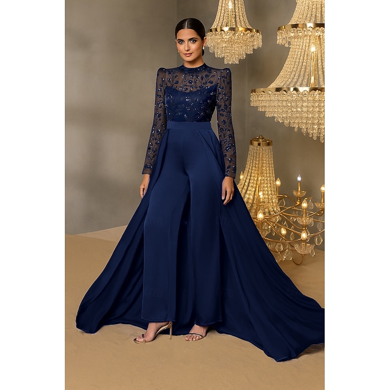 Jumpsuit / Pantsuit Beaeded Lace Applique Mother of the Bride Jumpsuit Elegant Wedding Guest Minimalist Casual Mock Neck Floor Length Lace Stretch Satin Long Sleeve