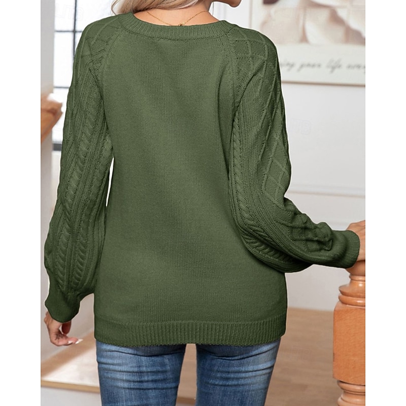 Women's Pullover Casual Solid Color Chunky Crew Neck Knitted Long Sleeve Regular Tops Knit Daily Holiday Going out White Army Green Fall Winter4