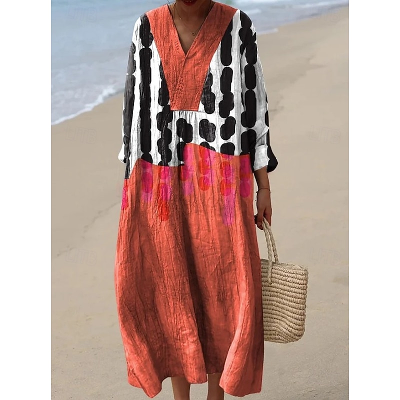 Women's Midi Dress V Neck Long Sleeve Kaftan Lightweight Loose Fit A Line Dress Casual Boho Going out Graphic Geometric Stripe Long Sleeve V Neck Black Yellow Light Green Red Fall4