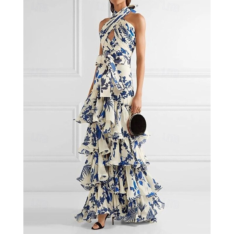 Women's Long Dress Maxi Dress Floral Dress Halter Neck Dress Print Dress Fashion Modern Outdoor Vacation Holiday Regular Fit Flower Sleeveless Halter Neck Blue Summer2