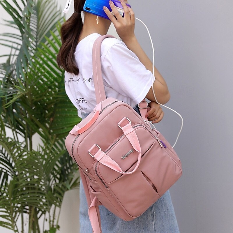 Women's Pink USB Charging Backpack – Stylish Waterproof Travel and School Bag with Laptop Compartment and Luggage Strap4