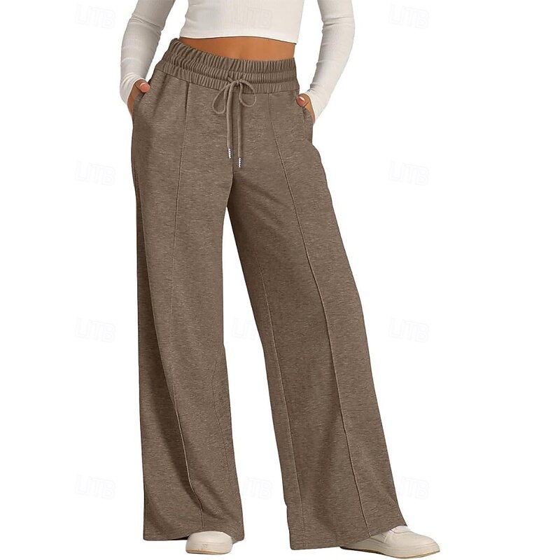 Women's Wide Leg Slacks Streetwear Casual Full Length Natural Plain Pocket Elastic Drawstring Design Comfortable Street Daily Wear Weekend Dark-Gray Apricot Dark Brown Black Fall Regular Fit4