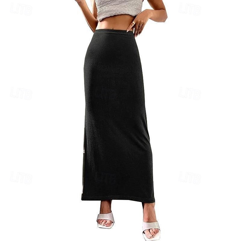 Women's Skirt Bodycon Casual Maxi Mid Rise Skirts Plain Micro-elastic Vacation Going out Black Almond Pink Brown Fall Polyester2