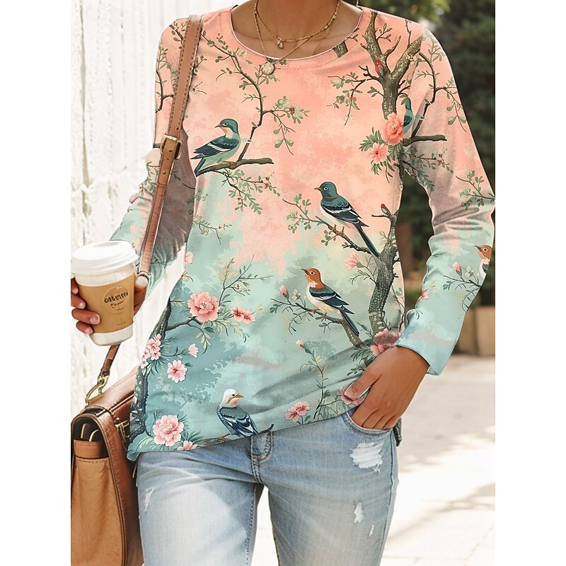 Women's T shirt Crew Neck Long Sleeve Tunic Graphic Butterfly Bird Vintage Stylish Modern  Regular Tops Daily Print Black Pink Green Fall3