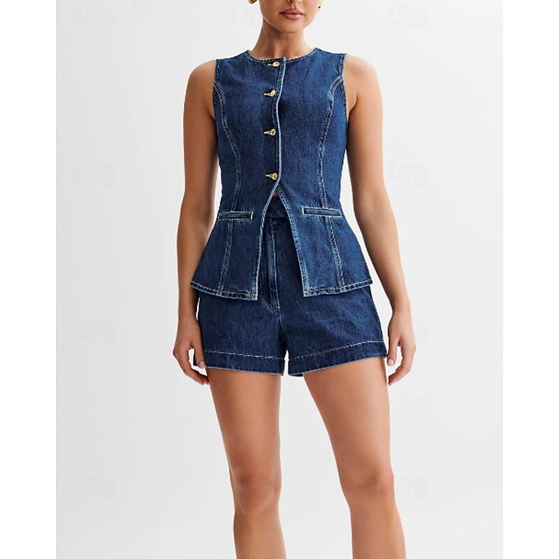 Women's Active Fashion Blouse Shorts Sets Sleeveless Crew Neck Solid Color Split Thigh Vacation Casual Daily Blue Summer Regular Fit3