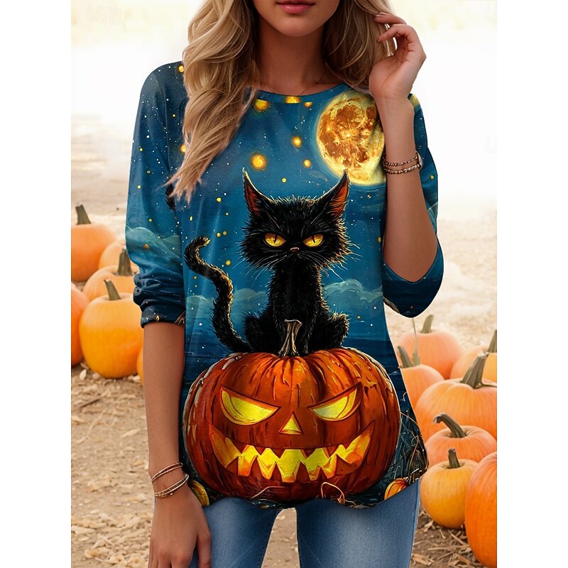 Halloween Women's T Shirt Skulls Crew Neck Long Sleeve Tunic Graphic Vintage Casual Regular Tops Daily Print Sage Green Blue Dusty Blue Spring Fall4