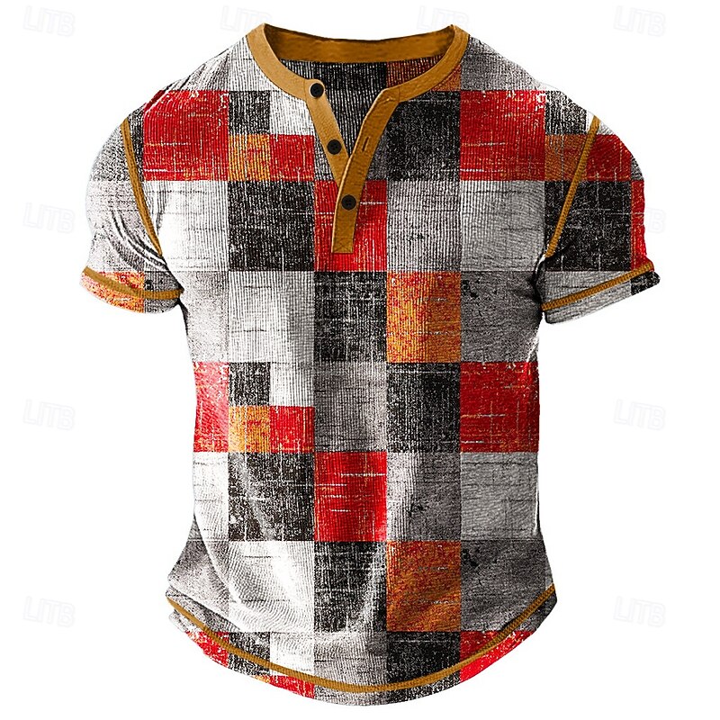 Men's Graphic Plaid Patchwork Henley Shirt Waffle T Shirt Short Sleeve Daily Retro Vintage Classic Sports Outdoor Casual Holiday Spring & Summer All Seasons Green Blue Red Khaki Henley Henley T-Shirt