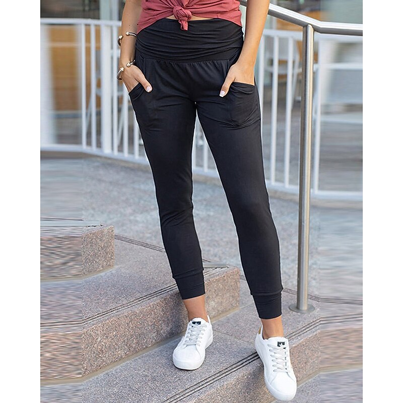 Women's Slacks Leggings Cozy Leggings Streetwear Casual Full Length Natural Plain Pocket Elastic Waist Soft Outdoor Vacation Going out Grey Black Red Blue Fall Regular Fit3