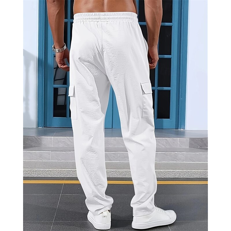 Men's Linen Pants Trousers Summer Pants Beach Pants Elastic Waist Drawstring Multi Pocket Plain Comfort Breathable Vacation Daily Holiday Hawaiian Boho Black White2
