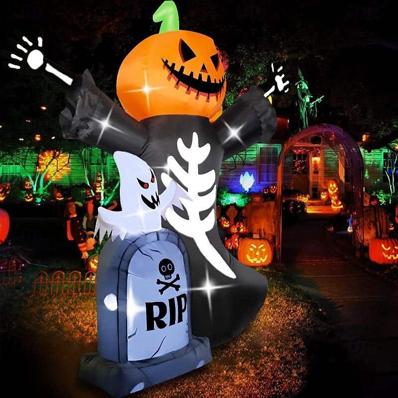1 Pc 8FT Outdoor Halloween Lantern Pumpkin Head Skull Ghost Tombstone Inflatable Air Model Indoor and Outdoor Courtyard Garden Path Party Decoration Lights3