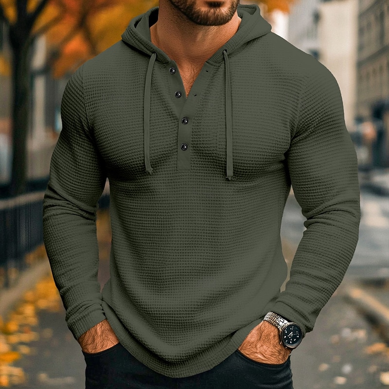 Men's Waffle Shirt T Shirt Tee Top Long Sleeve Shirt Long Sleeve Hoodie Hooded Fall Spring &  Fall Plain Fashion Designer Basic Hooded Vacation Street Casual White khaki Light Grey Top Tee for Men