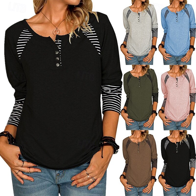 Women's Texture Blouse T Shirt Color Block Fashion Modern Long Sleeve Crew Neck Regular Tops Daily Patchwork Black Pink Gray Summer