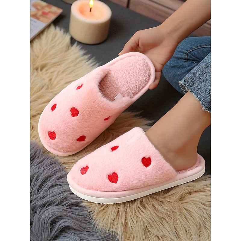 Women's Slippers Fuzzy Slippers Fluffy Slippers House Slippers Warm Slippers Home Valentine's Day Daily Heart-shaped Fleece Lined Flat Heel Round Toe Plush Casual Comfort Faux Fur Loafer Dusty pink - Main Image