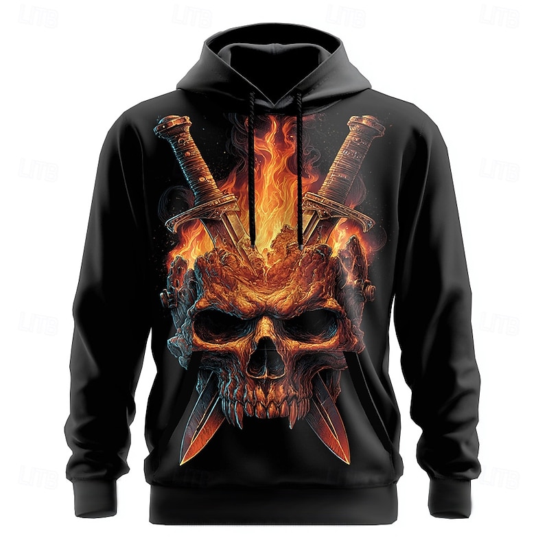 Halloween Men's Skull 3D Hoodies Sweatshirt Punk Exaggerated Long Sleeve Crew Neck Club Streetwear Blue Purple Drawstring Graphic Fall Winter Designer