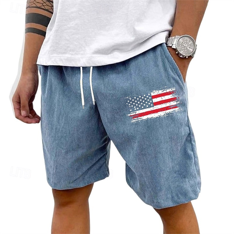 Men's Cargo Shorts Shorts Summer Shorts Corduroy Shorts Elastic Waist Drawstring Multi Pocket National Flag Comfort Wearable Knee Length Outdoor Sport Daily Fashion Casual Black White Micro-elastic
