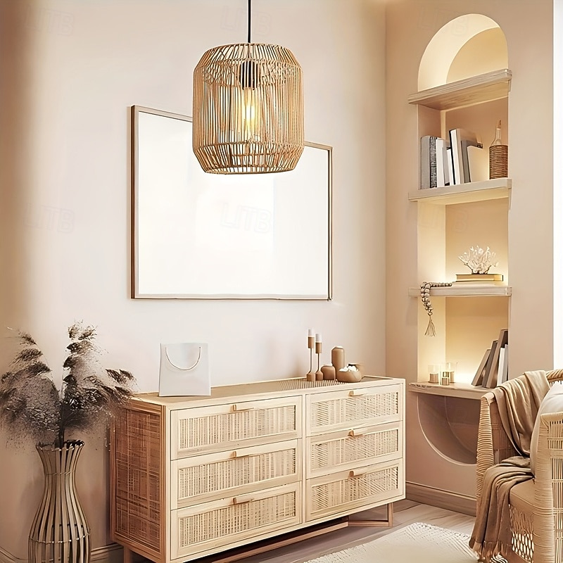 Rattan Pendant Light - Boho Lamp Hanging Diameter 26 cm Vintage Ceiling Light Rattan E27 Pendant Light Braided for Dining Table Kitchen Living Room Bedroom Hallway2