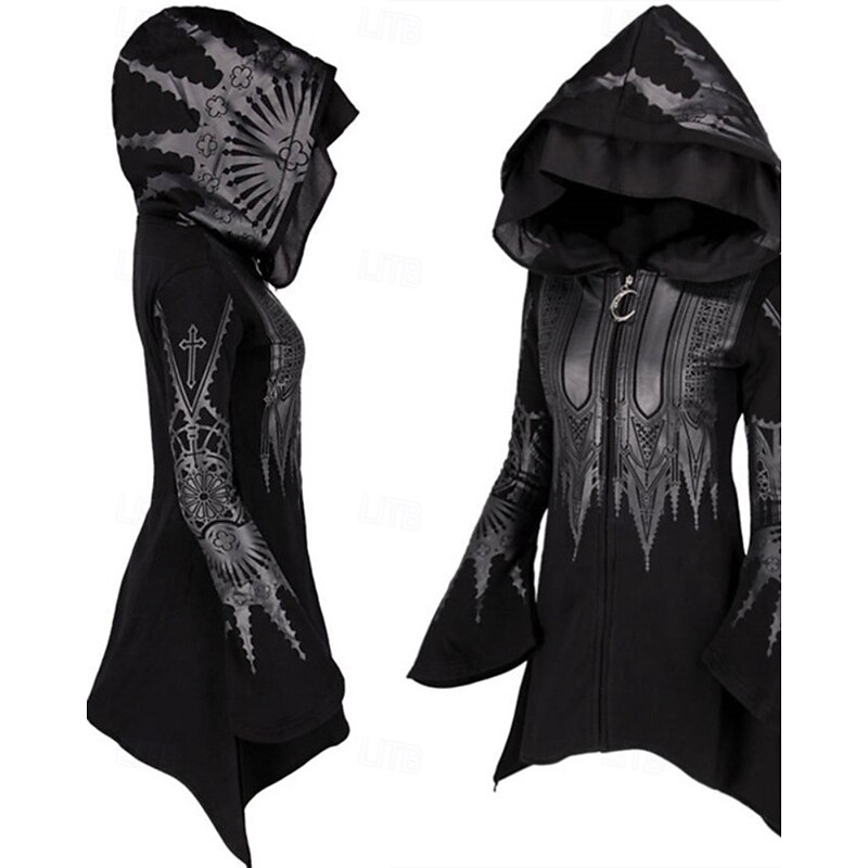 Women's Hoodie Jacket Warm Comfortable Zipper Irregular Hem Fashion Flower Street Going out Zipper Long Hooded Regular Fit Long Sleeve Outerwear Black Fall Winter