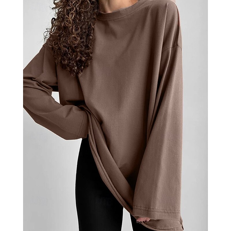 Women's Texture Blouse T Shirt Plain Fashion Modern Long Sleeve Crew Neck Regular Tops Daily Black White Brown Summer
