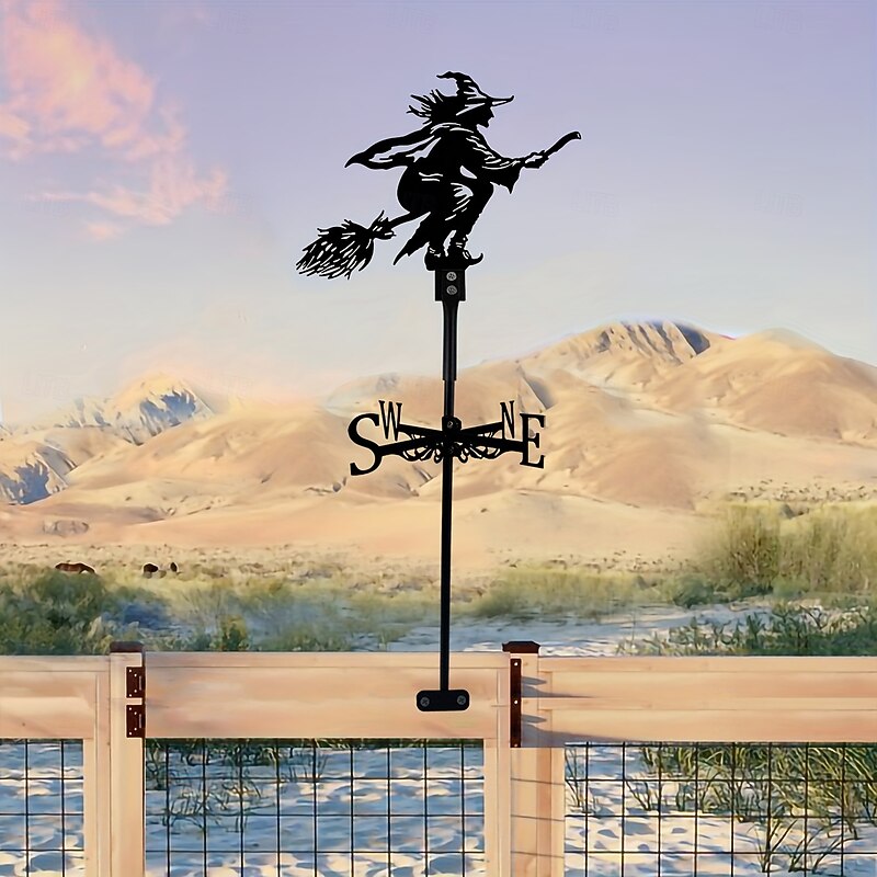 Black Iron Witch On Broomstick Weathervane - 1pc Silhouette Outdoor Fence & Farmhouse Decor - Garden Stake Yard Sign For Lawn & Garden Rustic Halloween Direction Indicator Kit2
