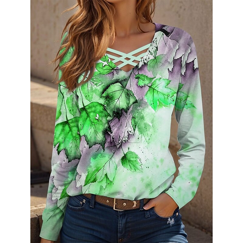 Women's T Shirt Floral Graphic Vintage Stylish Classic Long Sleeve V Neck Regular Tops Daily Cut Out Print Yellow Blue Green Spring Fall3