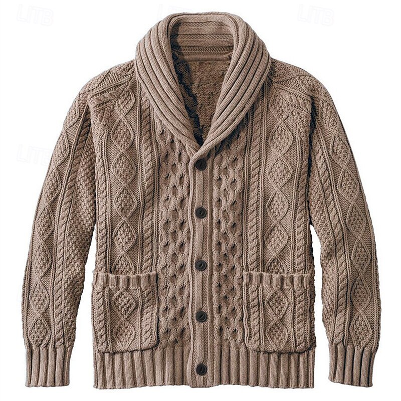 Men's Sweater Cardigan Sweater Cable Knit Regular Tops Button Up Plain Shawl Collar Vacation Fashion Casual Daily Wear Clothing Apparel Spring &  Fall Pink Pink S M L2