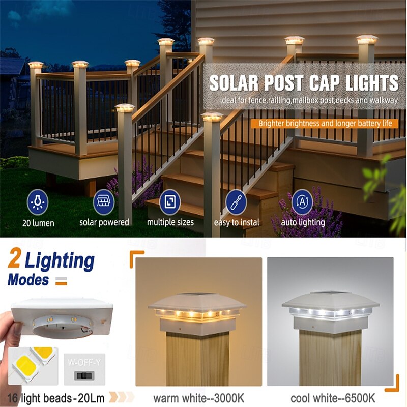 Solar Column Headlights With Warm And White Light Integrated 4x4 Column Lights Outdoor Waterproof Garden Terrace Fence Deck Decorative Fence  1PC3