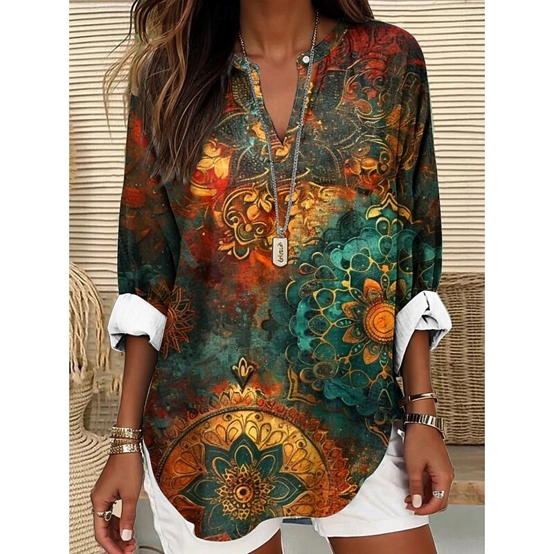 Women's Blouse Tunic V Neck Long Sleeve Boho Casual Tree of Life Merkabah Floral Graphic Leaf Elegant Stylish Regular Tops Daily Print Blue Dusty Blue Light Purple Purple Brown4