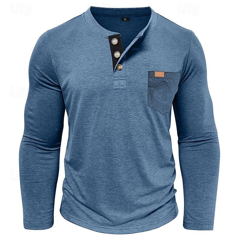 Men's T Shirt Henley Shirt Tee Long Sleeve Tribal Solid Designer Basic Bohemian Pocket Henley Outdoor Casual Daily Summer Fall Dark Grey Black White Henley T-Shirt2