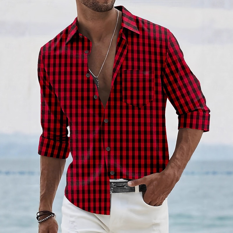 Men's Summer Shirt Casual Shirt Beach Shirt Button Up Shirt Black Yellow Pink Red Sky Blue Long Sleeve Plaid / Check Lapel Vacation Hawaiian Button-Down Clothing Apparel Polyester Fashion Casual3