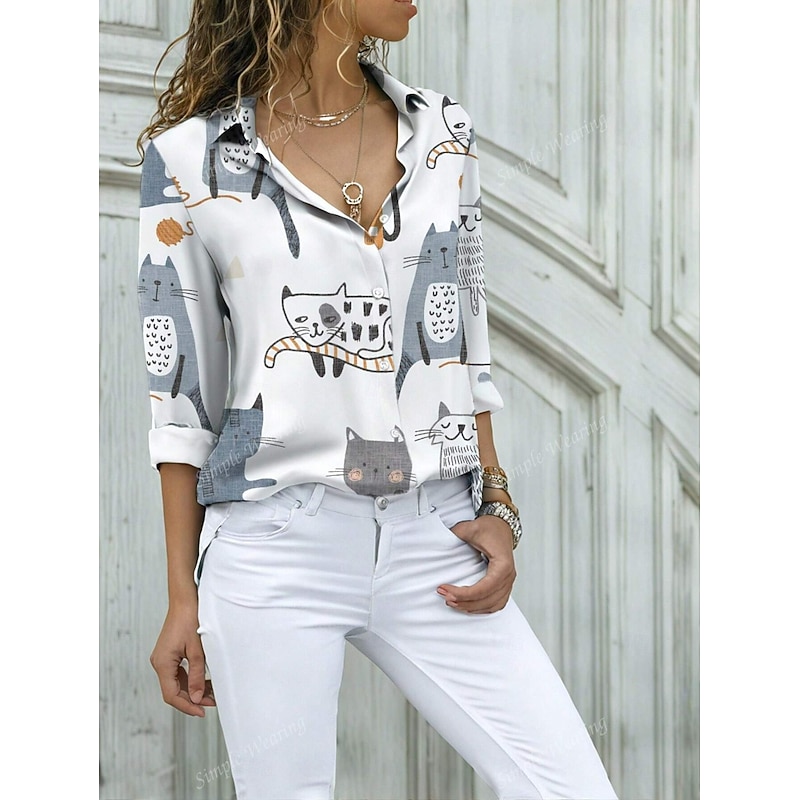 Women's Shirt Button Down Tunic Shirt Collar Long Sleeve Graphic Animal Elegant Vintage Tropical Regular Tops Work Daily s Print White Spring3