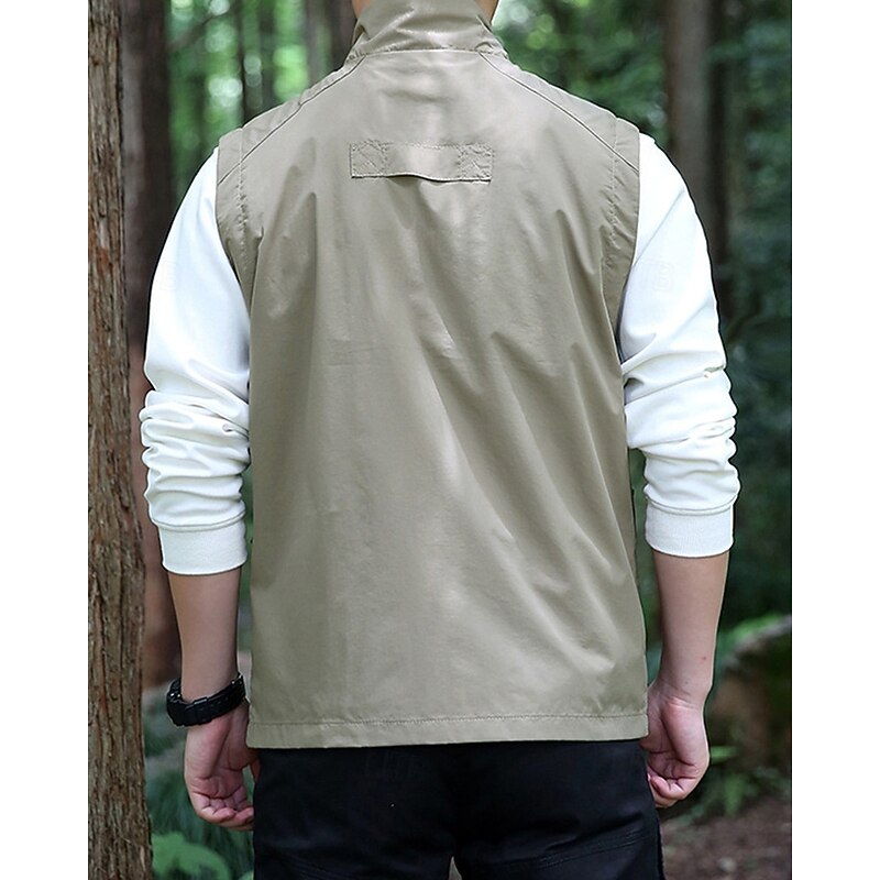 Men's Vest Gilet Outdoor Daily Fashion Casual Spring Fall Pocket Polyester Comfortable Breathable Plain Zipper Stand Collar Regular Fit Black Khaki Army Green Dark Blue Vest2