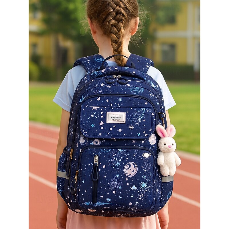 Kid's Galaxy Print Waterproof School Backpack - Cute Large Capacity School Bag with Bunny Charm for Kids and Elementary School Students Pink Purple Dark Blue2