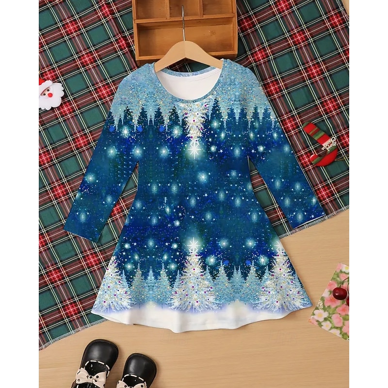 Girls' 3D Snowflake Trees Dress Long Sleeve Summer Spring Vacation Daily Holiday Princess Beautiful Sweet Kids 4-12 Years Casual Dress A Line Dress Knee-length Regular Fit2