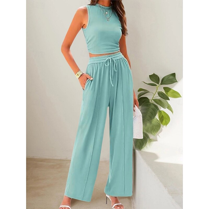 Women's Fashion Streetwear Daily Pants Sets Sleeveless Crew Neck Solid Color Drawstring Casual Daily Blue Orange Brown Summer Regular Fit - Main Image
