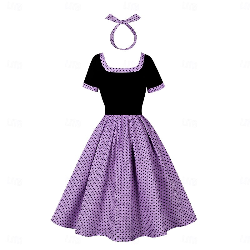 Retro Vintage 1950s Rockabilly Midi Swing Dress Flare Dress With Belt with Pockets Polka Dot Fancy Dress Women's Masquerade Vacation Casual Retro Theme Party Adults' Dress Headband Spring & Summer3