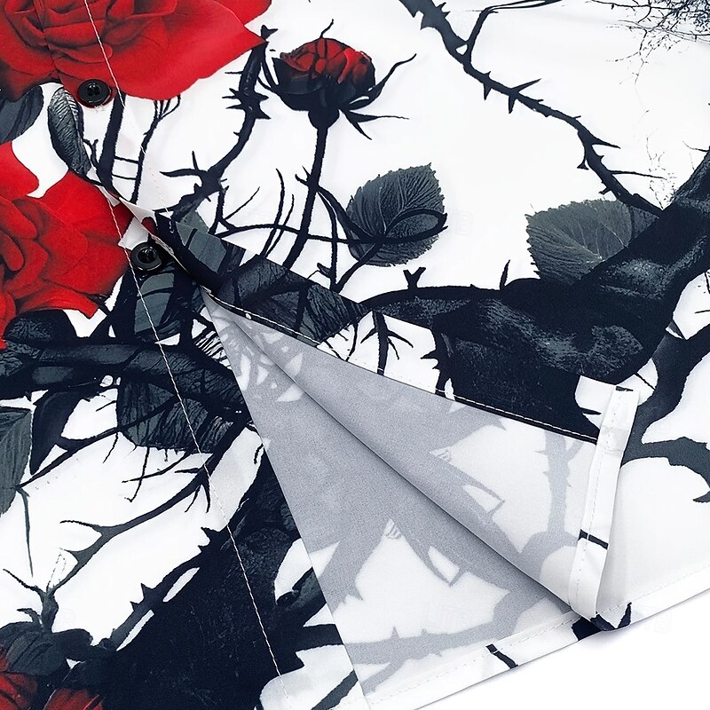 Men's Floral Print Halloween Costumes Day of the Dead Shirt Button Up Shirt Long Sleeve Dark Gothic Style Holiday Streetwear Summer Spring Turndown 3D Print Collared Shirts White2