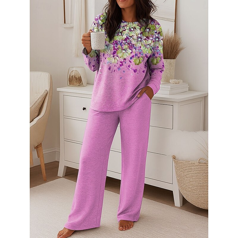 Women's Fashion T Shirt Pants Sets Long Sleeve Round Neck Floral Graphic Print Casual Daily Pink Blue Green Spring Regular Fit3