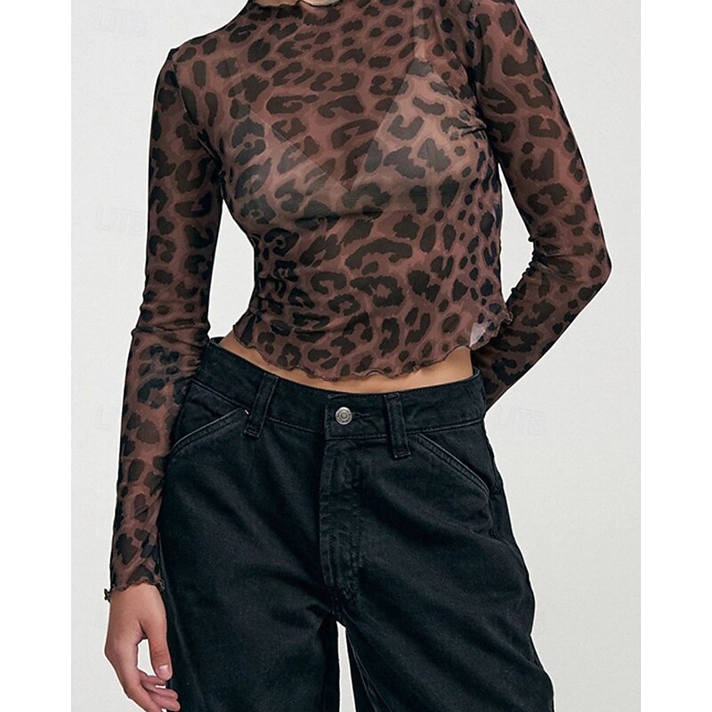 Women's T Shirt Leopard Fashion Modern Long Sleeve Crew Neck Regular Tops Daily Mesh Maroon Light Brown Brown Summer2