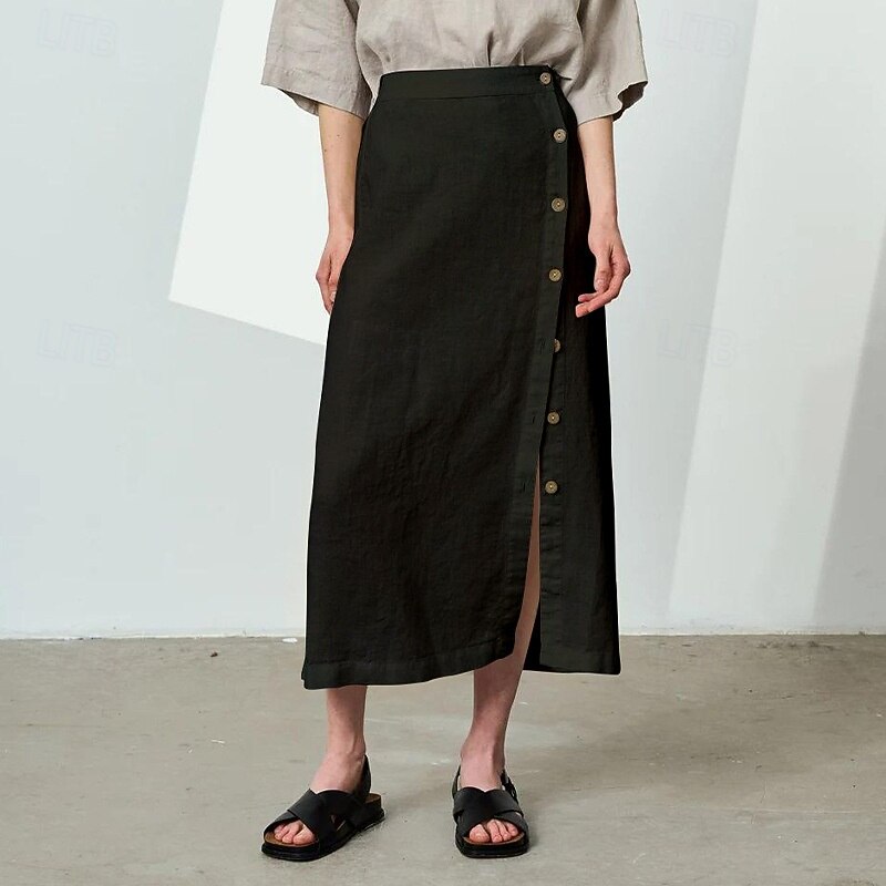 Women's 55%Linen Cotton  A Line Elegant Vintage Basic Casual Midi Mid Waist Skirts Plain Split Ends Inelastic School Vacation Black White Summer4