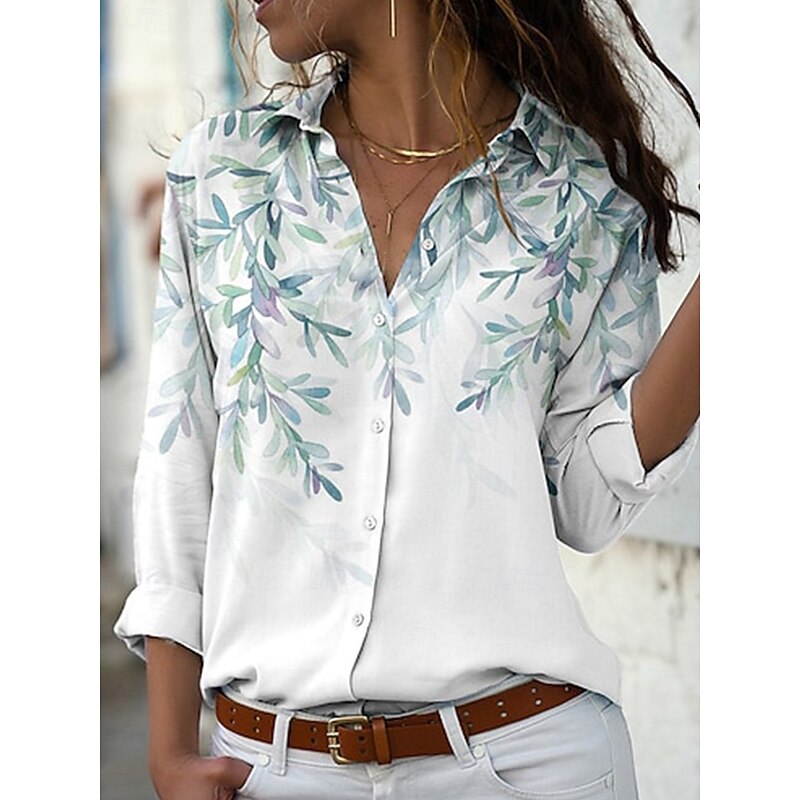 Women's Shirt Button Down Tunic Shirt Collar Long Sleeve Floral Graphic Vintage Daily Stylish Regular Tops Work Daily Holiday s Print White Blue Green Spring Fall