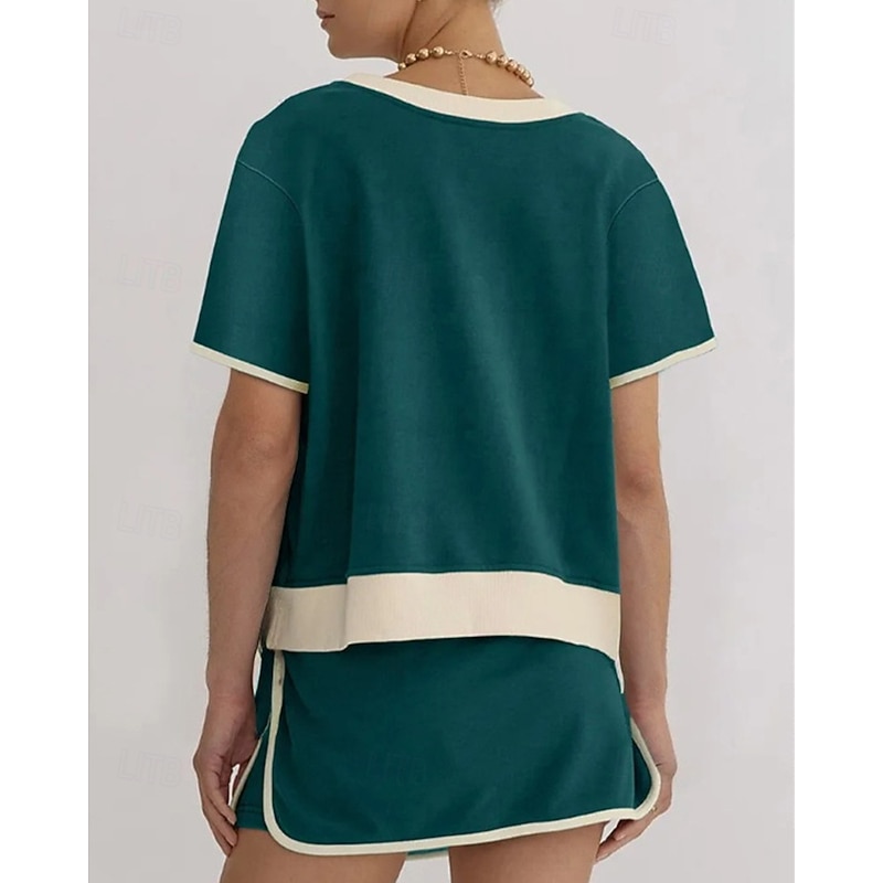 Women's Fashion Basic T Shirt Skirt Sets Shorts Sets Short Sleeve Crew Neck Color Block Patchwork Vacation Casual Daily Black Pink Sky Blue Summer Regular Fit4
