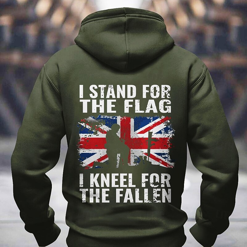 Men's Patriotic British Flag Hoodie | 'I Stand For The Flag I Kneel For The Fallen' Soldier Remembrance Graphic Hooded Sweatshirt2