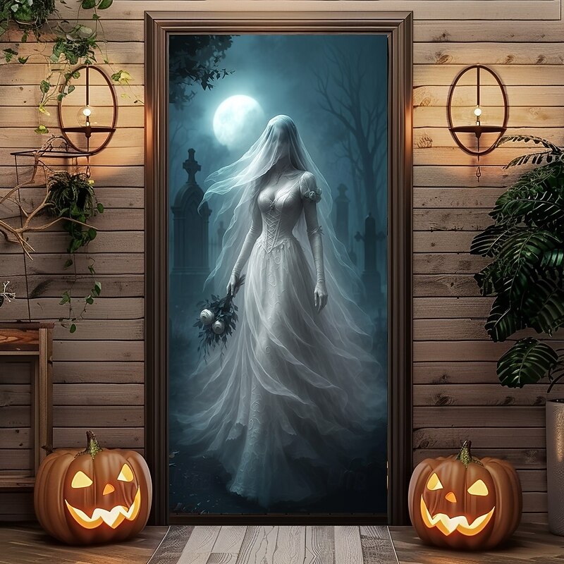 Halloween Door Cover – Spooky Ghost Bride Under Full Moon, Haunted House Entrance Banner, Creepy Outdoor 2025 Halloween Decoration for Bedroom, Living Room, Bathroom2